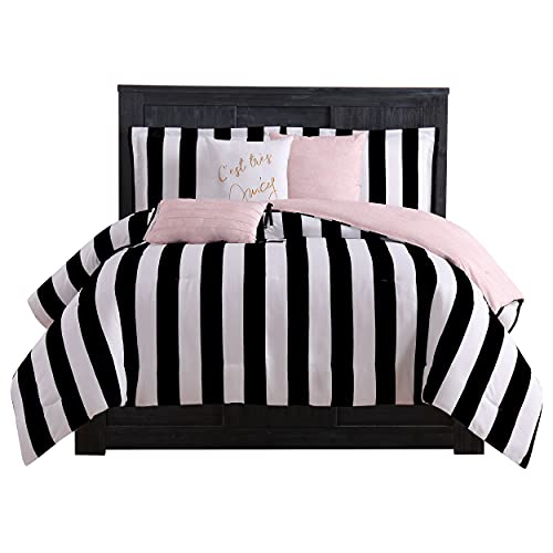 Juicy Couture Cabana Stripe Reversible Bedding Set - Queen Size - Black and White Stripe Print β 6 Piece Set β Includes 1 90" x 90" Comforter, 3 Decorative Pillows, 2 Shams Juicy Couture