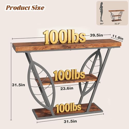 HavenlyYouth Leaf Design Console Table for Entryway, 3-Tier Storage, 30mm Thick Rustic Brown Industrial Metal Frame, Easy-to-Assemble Narrow Accent Table, Space-Saving for Hallway, Entrance, Foyer HavenlyYouth