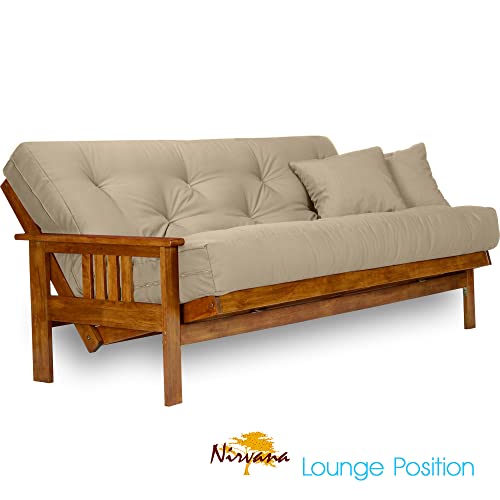 Nirvana Futons Stanford Futon Set - Queen Size, Frame, 8" Mattress, Twill Khaki Tan Cover Nirvana Futons