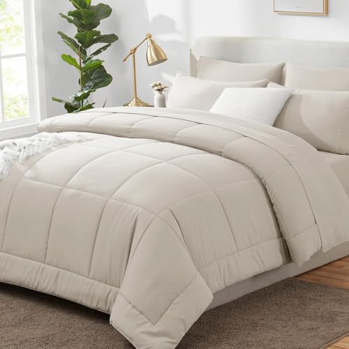 CozyLux Full Size Comforter Sets Beige, 7 Pieces Bed in a Bag, Beige Comforter Full Size, All Season Bedding Sets with Stitch Quilted Comforter, Flat Sheet, Fitted Sheet, Pillowcases CozyLux