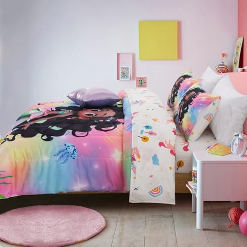 A Nice Night 6pcs Comforter Set,Black Girl Princess Mermaid with Green Tail Printed,Pink Gradient Glitter Rainbow Background Kids Bedding Set,Twin A Nice Night