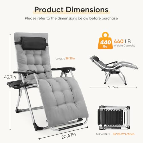 NEWBULIG Zero Gravity Chair, Folding Patio Recliner with Removable Cushion & Cup Holder Trays, Portable Lounge Chair for Beach & Camping, Classic Grey