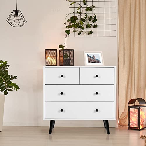 Tangkula 4 Drawer Storage Cabinet, Wood Chest of Drawers, Freestanding Floor Side Cabinet with Legs & Metal Handles, Modern Storage Drawer for Living Room (White) Tangkula