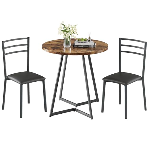 VECELO Small Round Kitchen Table with 2 Upholstered Chairs, 3-Piece Wood Dinette Sets with Steel Frame for Breakfast Nook, Dining Room, and Small Space, Brown VECELO