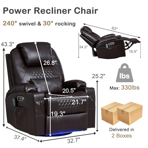IBTKIG Power Swivel Rocker Recliner with Dual Motor, 240° Electric Glider Recliner with Heat & Massage, Rocking Chair Theater Seating with LED/Lumbar Pillow/USB Port/Cup Holders(Faux Leather Brown, 1)