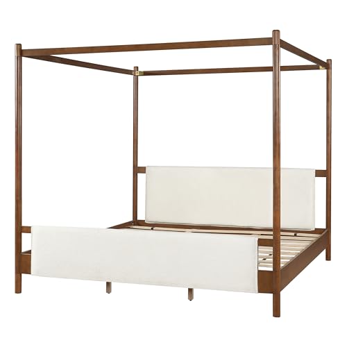 Christopher Knight Home Rotie King Size Canopy Bed Frame, Boucle Upholstered King Size Bed Frame with Headboard, King Platform Canopy Bed, Wooden Slats Support, No Box Spring Needed, White+Brown