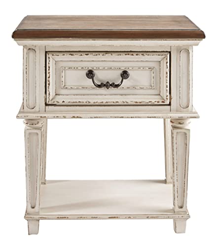 Signature Design by Ashley Realyn Traditional Cottage 1 Drawer Nightstand with Dovetail Construction & Open Display Shelf, Chipped White, Distressed Brown Signature Design by Ashley