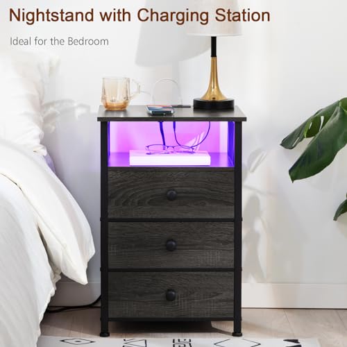 AMHANCIBLE Night Stand Set 2, LED Nightstand with Charging Station, End Side Tables with USB Port & Outlet, Bedside Table with Fabric Drawers for Bedroom Living Room, Dark Grey, HET053LDG AMHANCIBLE