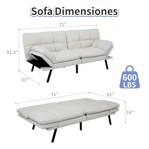 MUUEGM Futon Sofa Bed Memory Foam White Futons Modern Office Couch Sleeper Bed Convertible Love seat Sofa for Small Spaces,Apartment,Office with Adjustable Armrest Backrest MUUEGM
