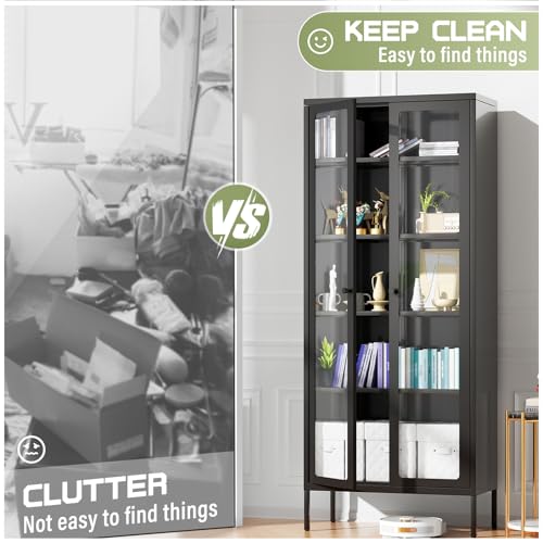 Crownland Metal Storage Cabinet with Glass Doors, Display Curio Glass Cabinet with 4 Adjustable Shelves, Tall Modern Office Storage Cabinet for Bedrooms, Living Room, Pantry(Black) Crownland