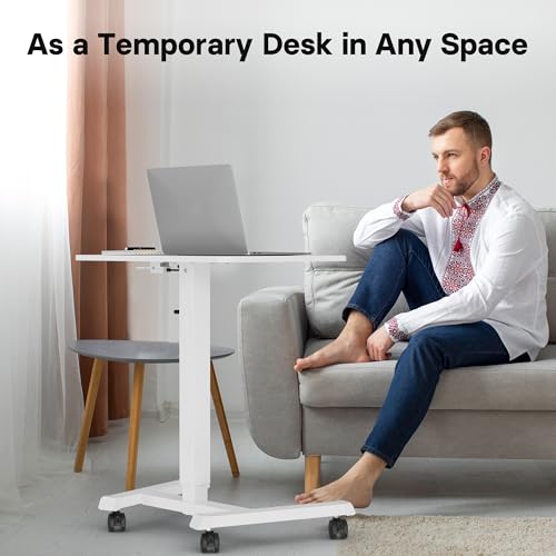 BONTEC Mobile Standing Desk Adjustable Height, Rolling Laptop Cart with Hook, Portable Workstation with Pneumatic Lift, Ergonomic Table with Wheels, Compact Home Office Desk, White 25.6" x 17.7" BONTEC