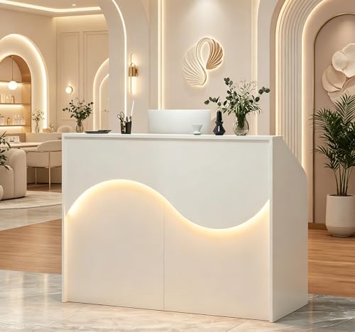 ZIMASYA Modern Reception Desk with Counter,55 Inch Front Desk Reception Counter with LED Lights,Built-in Outlets USB Charging Ports,Lockable Drawers for Office Salon Retail Store White