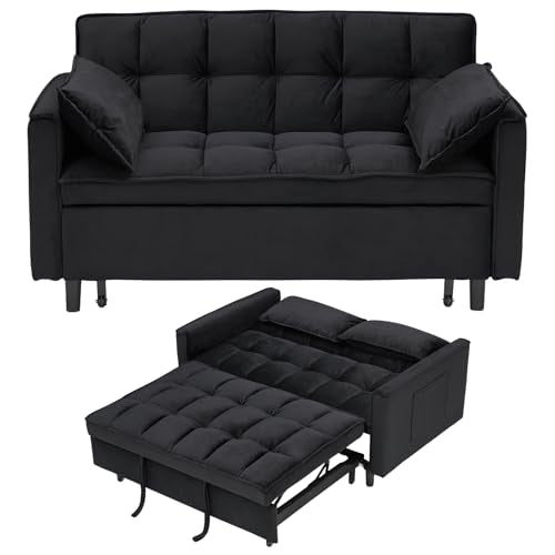 3 in 1 Convertible Sleeper Sofa Bed, Velvet Loveseat Futon Pull-Out Couch with Adjustable Reclining Backrest, Side Pockets and Pillows for Living Room, Bedroom, Apartment, Small Spaces (Black-Velvet) Ehsovlnut