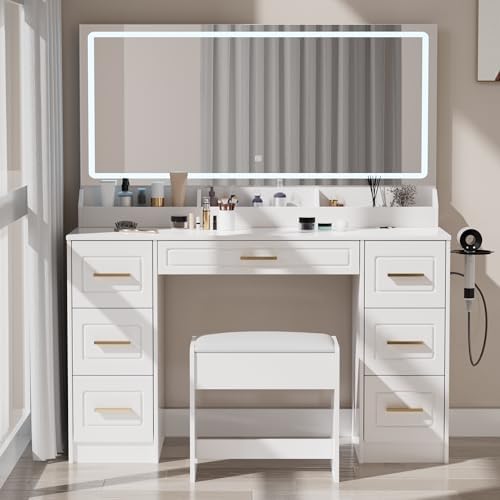 Vanity Desk with Mirror and LED Lights, 43'' W Makeup Vanity Desk with Power Outlet, 3 Color Modes, 7 Drawers Vanity Table with Chair, Dressing Table for Bedroom, Dressing Room Homesflex
