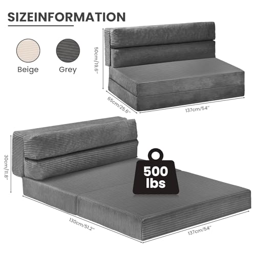 JUIKURY Folding Sofa Bed, Convertible Sleeper Chair with Pilow Foldable Matress, 2 in 1 Pull Out Loveseat Sofa Portable Fold Out Chair Bed Floor Couch Lounge for Living Room Bedroom (Grey, Full) JUIKURY
