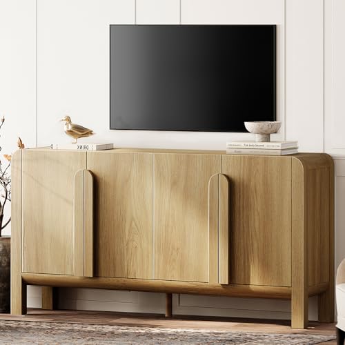 WAMPAT 63" W Large Buffet Sideboard Cabinet with Storages, Modern Buffet Table Coffee Bar Wine Bar Storage Curved Cabinet with 4 Doors for Dining Room, Living Room, Kitchen, Light Walnut WAMPAT
