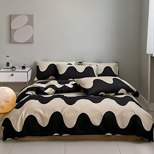 LAYENJOY Geometric Duvet Cover Set Twin, 100% Cotton Bedding, Cream White Black Cows Pattern Printed, Modern Comforter Cover for Single Bed, 3 Piece No Comforter LAYENJOY