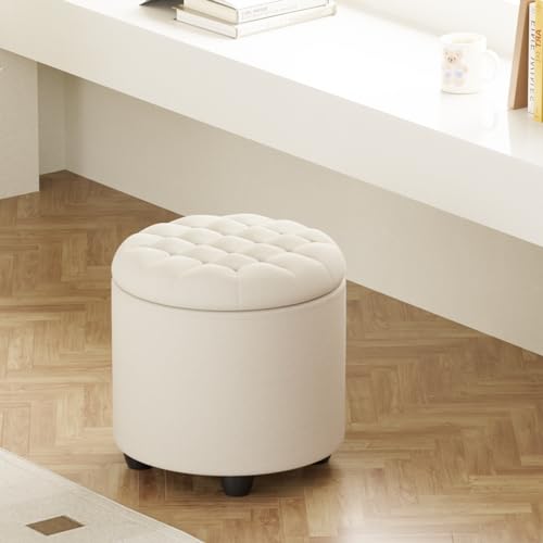 Furniliving Modern Round Storage Ottoman,Button Tufted Ottoman Foot Stools Ottoman Footstool with Removable Lid Storage Ottoman for Living Room, Bedroom, Makeup Room,Beige Furniliving
