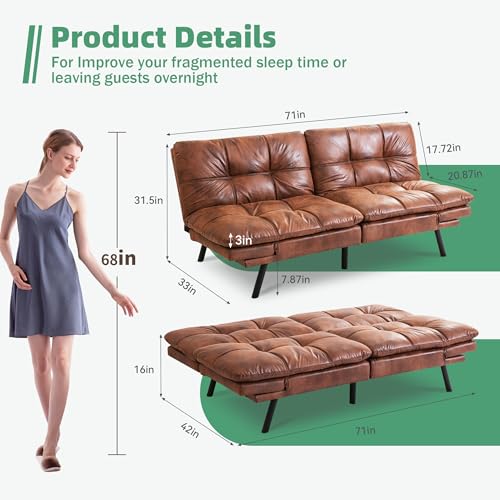Opoiar 71" L Covertible Futon Sofa Bed,Faux Leather Futon Couch, Memory Foam Modern Loveseat Sleeper, Small Splitback Sofa Couches for Living Room,RV,Home Office,Apartment,Brown Opoiar