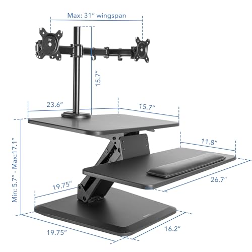 Mount-It! Standing Desk Converter, Stand Up Desk Riser with Dual Monitor Mount, Adjustable Workstation in Black, Top Platform 23" Wide, Keyboard Mouse Tray 27" Wide, Raises 5" to 17" Tall Mount-It!