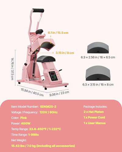 VEVOR Hat Heat Press Machine, with 2pcs Interchangeable Platens, Precise Temperature and Time Control, Hat Press for HTV Iron On and Sublimation Projects, for Caps, Headbands, Cuffs, Face Masks, Pink VEVOR