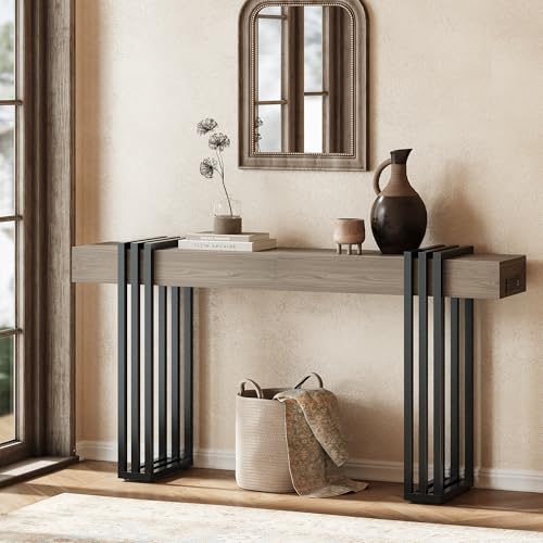 Curlaky 63" Long Console Table for Entryway - Behind Couch Table for Living Room, Wood Sofa Tables with Black Parallel Metal Frame & Power Outlet for Hallway, Entrance, Narrow Foyer, Light Walnut Curlaky
