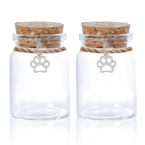 2PCS Pet Fur and Hair Keepsake Bottle, Pet Hair Memorial Bottle, Preserve Precious Memories, Glass Keepsake Bottle with Dog Paw Pendant Remembrance for Dogs, Cats, Horses, Small Mammals (3.7cm x 5cm)