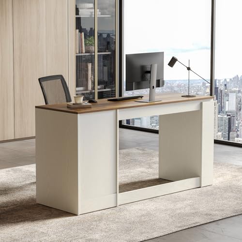 LITTLE TREE Office Desk with Drawers, 59" Farmhouse Executive Desk with Storage File Cabinet, Wooden Computer Writing Table for Home, Office, Bedroom, White & Brown LITTLE TREE