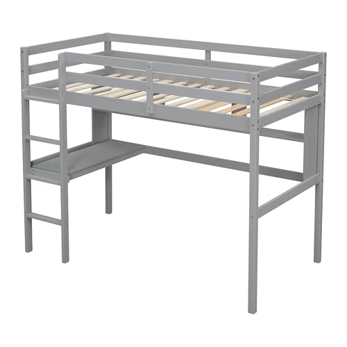 PVWIIK Twin Size Loft Bed with Shelves and Desk,Solid Wood Loft Bed Frame w/Safety Guardrail and Ladder,Space Saving Design, No Box Spring Needed, Grey PVWIIK