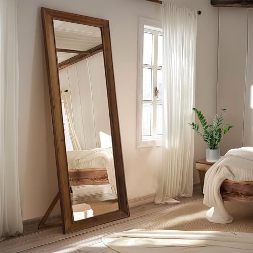 MELOMOIR Rustic Farmhouse Full Length Mirror, 64"x21" Wood Frame Floor Mirror, Free Standing Mirror Leaning Hanging Mirror, Long Mirror for Bedroom Living Room Cloakroom, Wood MELOMOIR