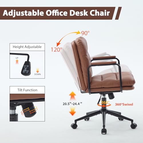 Home Office Chair with Arms, Swivel Criss Cross Chair with Wheels, Comfortable PU Leather Office Desk Chair, Ergonomic Adjustable Height Task Chair with Tilt Lock, Brown Shenyon