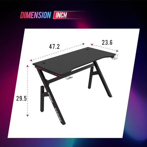 BestOffice | 47" Gaming Desk | Red | Carbon Fiber Textured Computer Desk | Sturdy Steel Frame, Cup Holder, Headphone Hook, Cable Management Holes, Adjustable Leg Pads | for Gamers, Home, Office BestOffice