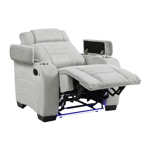 Lexicon Wall Hugger Manual Reclining Chair, Microfiber Manual Recliner with Cup Holders/Hidden Arm Storage/LED Base Lighting, Home Theater Seating for Living Room, Light Gray