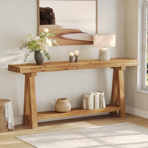 TRIBEWOOD 70.9-Inch Solid Wood Console Table for Entryway, Farmhouse Long Sofa Table with Shelves for Living Room, Hallway, Foyer, Easy Assembly TRIBEWOOD
