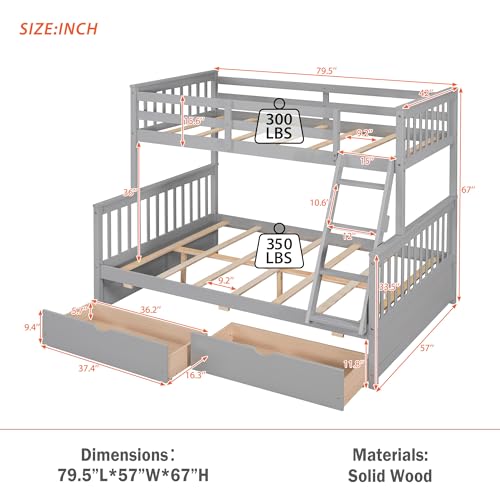 Merax Wood Bunk Bed with Drawers,Convertible Wood Bunk Bed with Ladders and Two Storage Drawers,Solid Wood Detachable Bed Frame with Ladders,Twin Over Full Size,Grey Merax