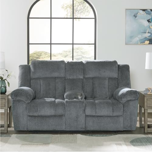 Signature Design by Ashley Tip-Off Modern Wall Hugger Power Reclining Loveseat with Adjustable Headrest, USB Ports, Storage and Cup Holders, Gray Signature Design by Ashley