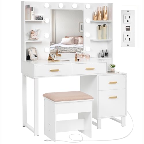 ANWBROAD Makeup Vanity Desk Vanity Set with 10 LED Bulbs Lighted Mirror Makeup Vanity Table Set with Charging Station Nightstand 3 Colors Modes Dimming Cushioned Stool Large Mirror White UBDT53W ANWBROAD