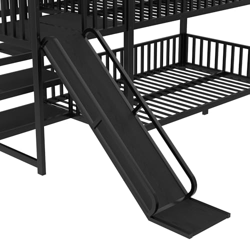 Bellemave Twin Over Twin Bunk Bed with Slide, Kids House Floor Bunk Bed with Storage Stairs and Full Length Guardrail, Heavy Duty Bunk Beds for Girls, Boys, Black Bellemave