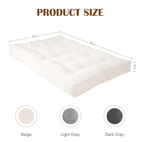 8" Futon Mattress Full Size, Floor Mattress for Adults, Foldable Sofa Couch Bed with Shredded Foam Filling, Comfy Sleeping Mat for Guest, Camping, Dorm, White(Frame Not Included), 54" x 80" Bliss Homey