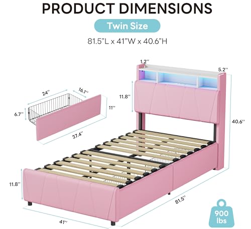 LIKIMIO Twin Bed Frame with 2 Storage Drawers, Charging Station & LED Lights, Upholstered Platform Twin Bed with Storage Headboard, Strong Wooden Slats, No Box Spring Needed, Easy Assembly, Pink LIKIMIO