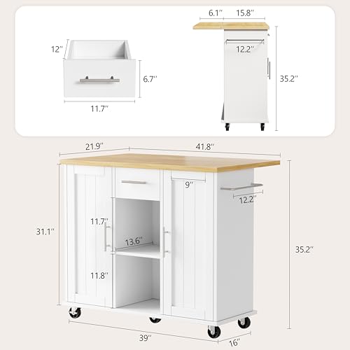 Shintenchi Kitchen Island with Storage, Bar Cart Cabinet Island Table on Wheels, Rolling Microwave Cart for Kitchen with Drop Leaf, Drawers, Towel Rack, Seating Area for Dining Room, White Shintenchi