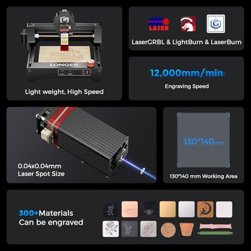 LONGER Ray5 mini 2.5W Laser Engraver with Rotary Roller, 12000mm/min High-Speed Cutter for Wood, Metal, Acrylic, Leather, DIY CNC, 130x140mm Engraving Area, WiFi, Emergency Stop Safety Longer