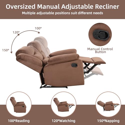 IOMOR Manual Recliner Chair with Overstuffed Arm and Extra-Padded Back, Breathable Fabric Reclining Chair for Adults, Single Sofa for Living Room, Bedroom (Fabric Brown)