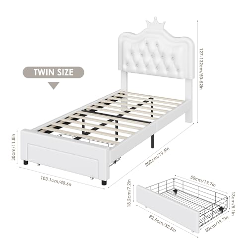 Keyluv Twin Upholstered LED Storage Bed Frame with Adjustable Crystal Crown Headboard in White Keyluv