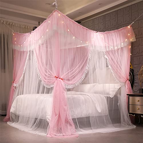 VETHIN 4 Corners Post Ruffle Princess Bed Canopy Curtain-Double Layer Cozy Drape Netting 4 Opening Mosquito Net for Girls Adults Bedroom Decoration (Pink/Whtie, 47" W*78" L*82" H/Twin)