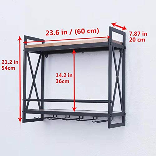 MBQQ Rustic Wall Mounted Wine Racks with 6 Stem Glass Holder,23.6in Industrial Metal Hanging Wine Rack,2-Tiers Wood Shelf Floating Shelves,Home Room Living Room Kitchen Decor Display Rack MBQQ