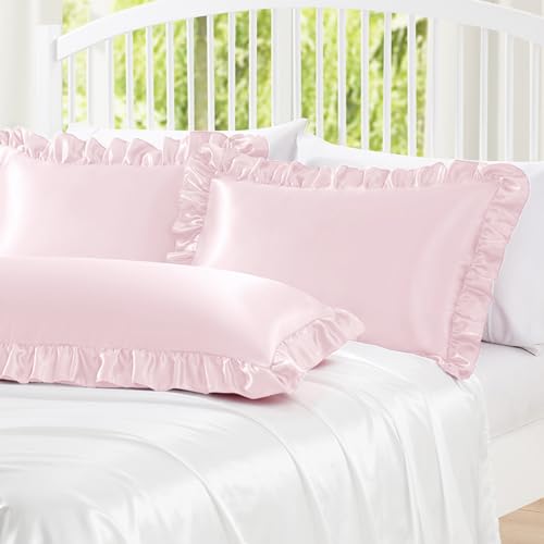 Homiest Ruffle Satin Pillowcase for Hair and Skin, Standard Size Satin Pillow Covers Silky Pillow Cases Set of 2, Satin Ruffled Pillowcase with Envelope Closure, Anti Wrinkle Pillow Shams (Blush Pink) Homiest