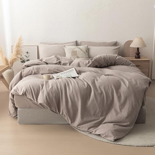 linenestbedding 100% Washed Cotton Duvet Cover Set Queen Size with Bag,Ultra Soft and Lightweight, All Season Bedding with Zipper and Ties, Minimalist Neutral Style (Light Khaki, Queen(90"x90")) linenestbedding