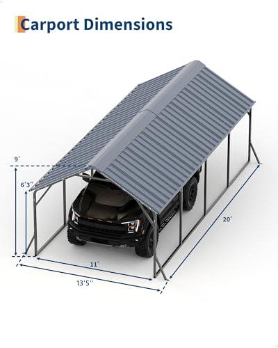 Garveelife 11'x20'x9' Metal Carport, Heavy Duty Steel Car Ports for All-Weather, Vertical Roof Design, for Full-Size Pickup Trucks, Boats, and Tractors GarveeLife