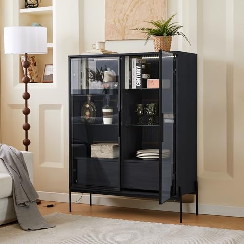 Virubi 51.2'' Display Cabinet with Glass Doors, Drawers and LED Light, Wood Curio Display Case with Storage and 4-Tier Adjustable Shelves, for Living Room, Office, Freestanding (Black) Virubi